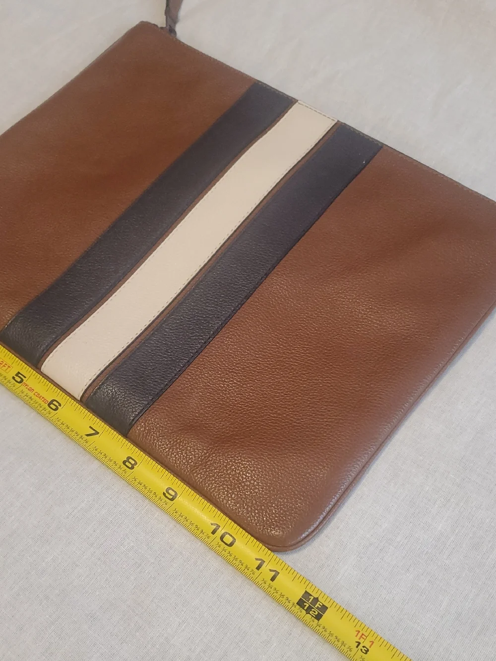 Coach Brown Leather Laptop Pouch with Navy and Cream Stripes